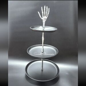 HALLOWEEN Metal Skeleton Hand 3 Tier Footed Serving Stand Appetizer Dessert Tray